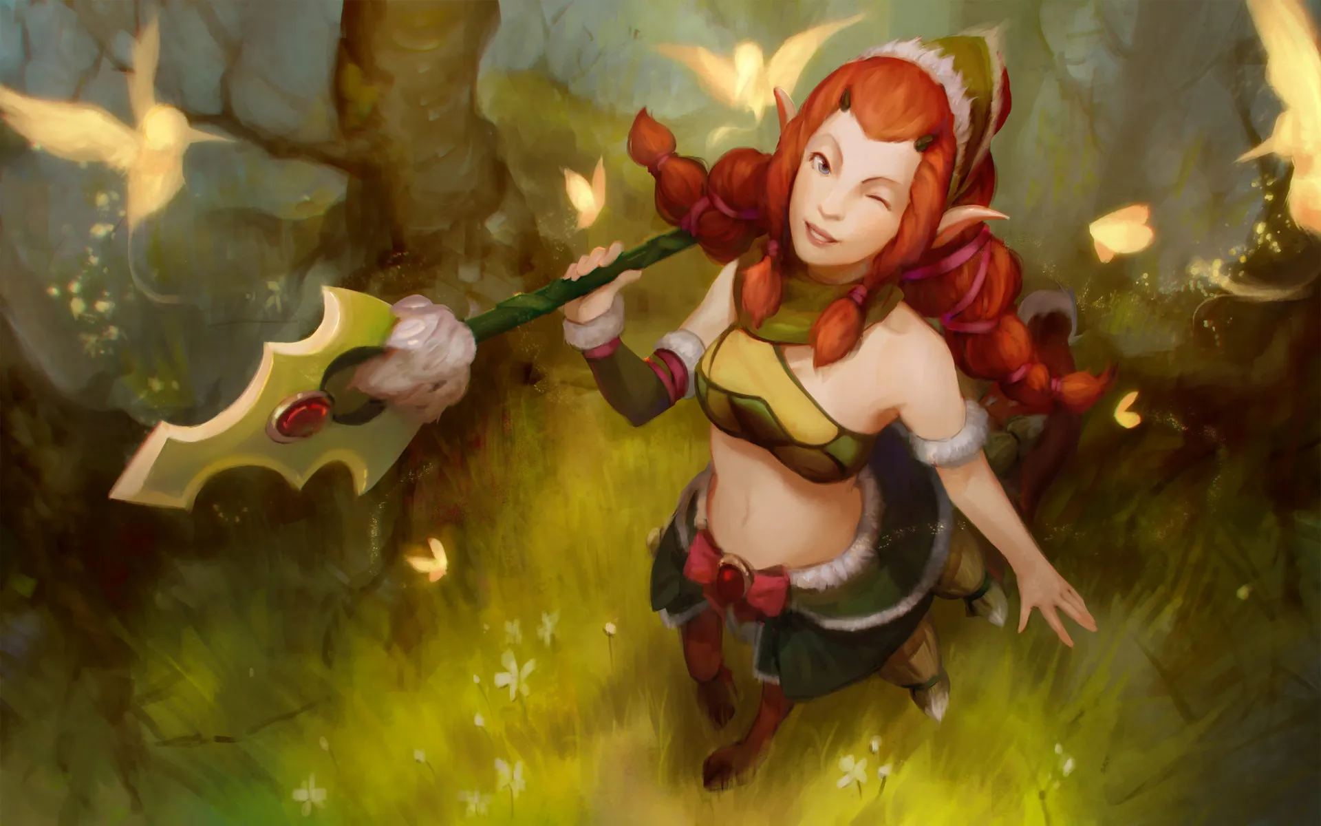 The Rustic Finery set for Enchantress, with the Dota 2 hero sprinting through the trees.