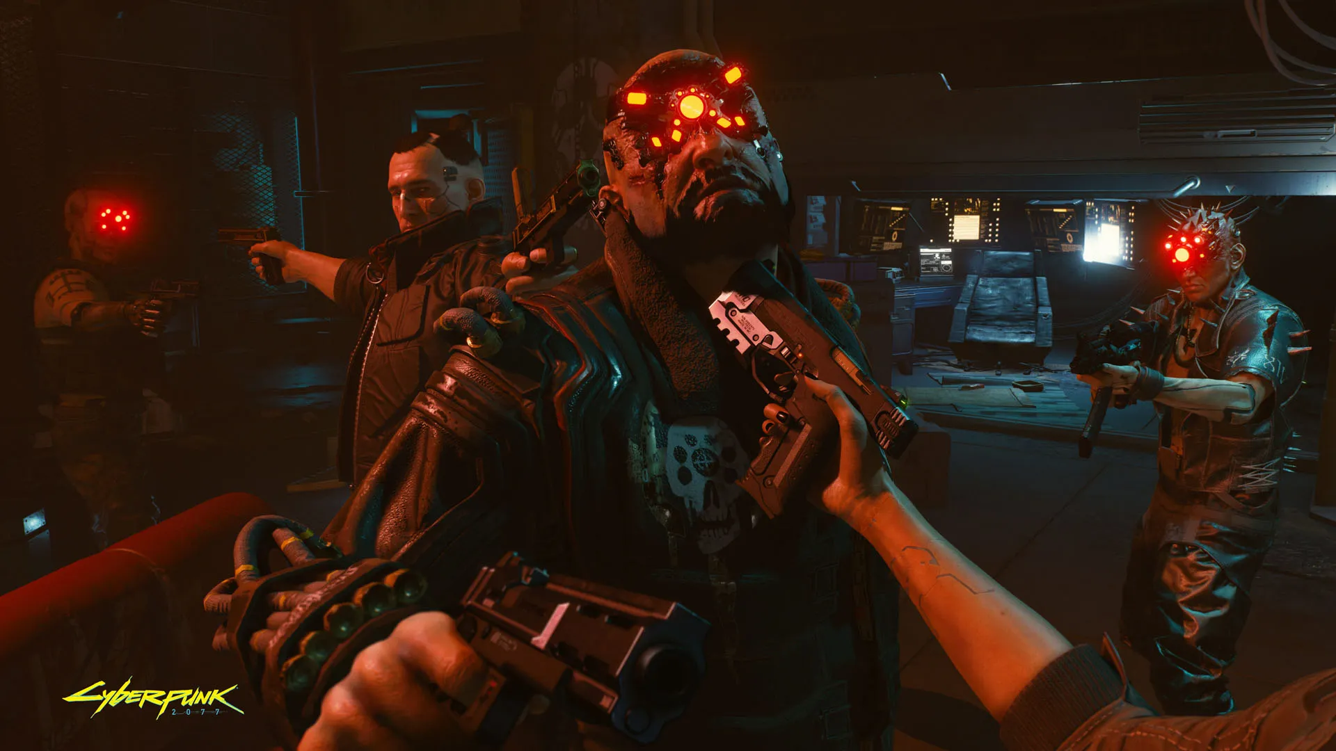 V in cyberpunk holding a pistol under the chin of a gangster with their nose and eyes replaced with harsh chrome and LEDs