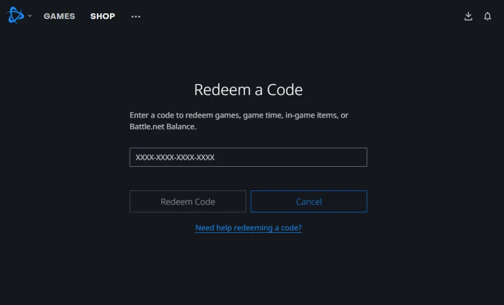 The code redemption screen in Battle.net.