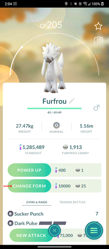 A clear display of Furfrou's Pokemon Go overview and how to select the Form Change option.