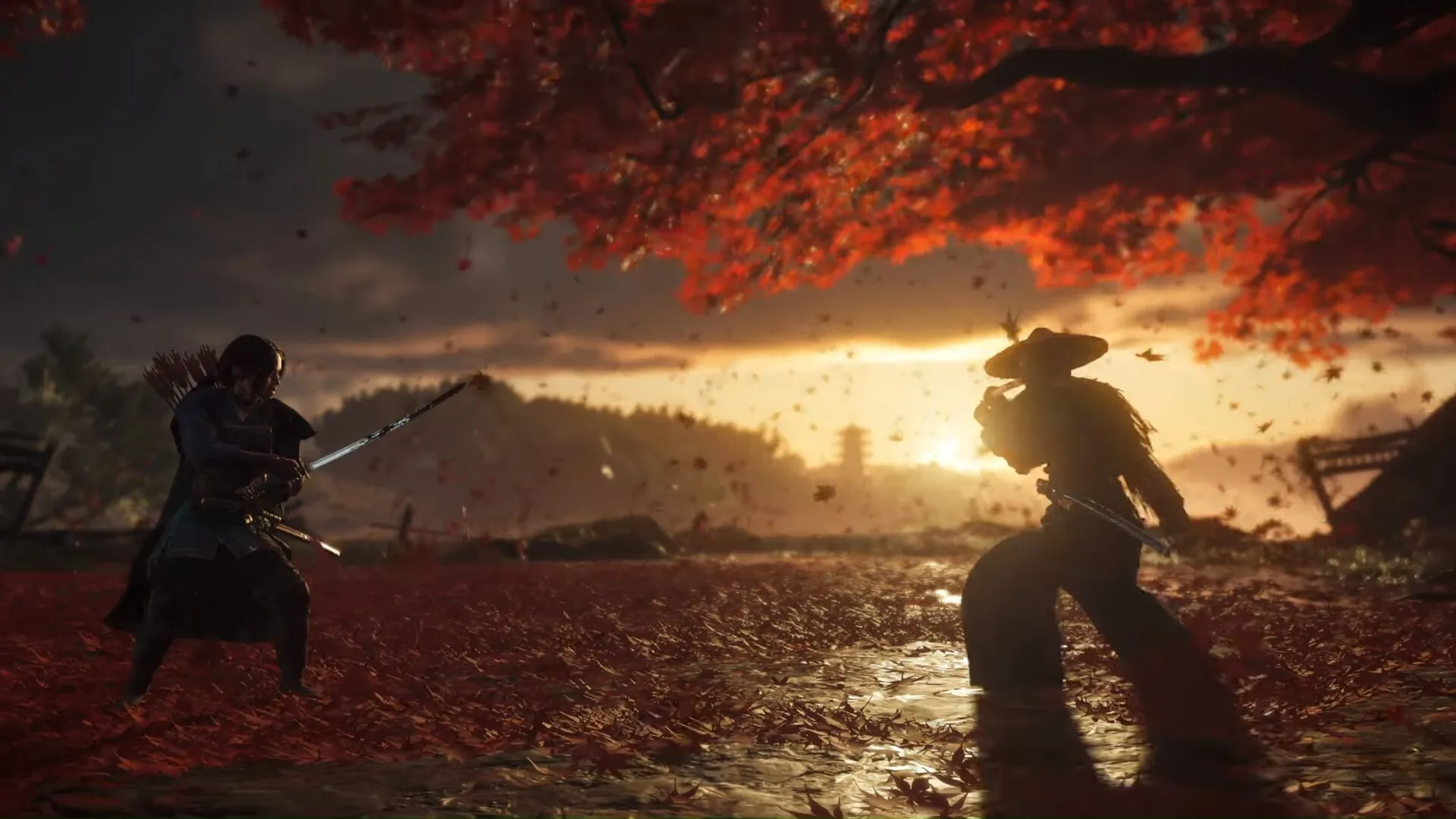 Two samurai square off beneath a red tree with the sunset backlighting them.