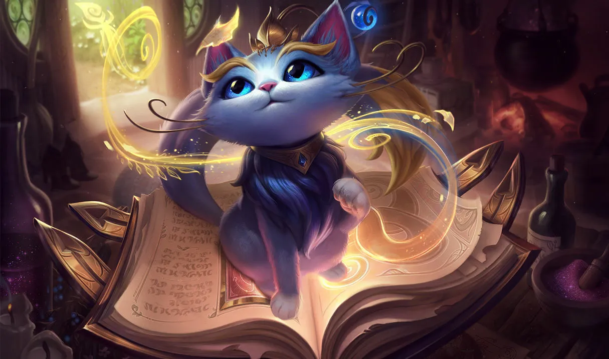 The League of Legends champion Yuumi sitting on her book.