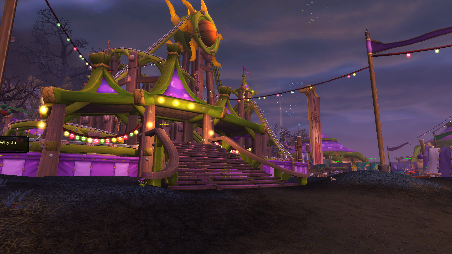 Festival colors and lights hang from orange, purple, and green carousel at Darkmoon Faire in WoW