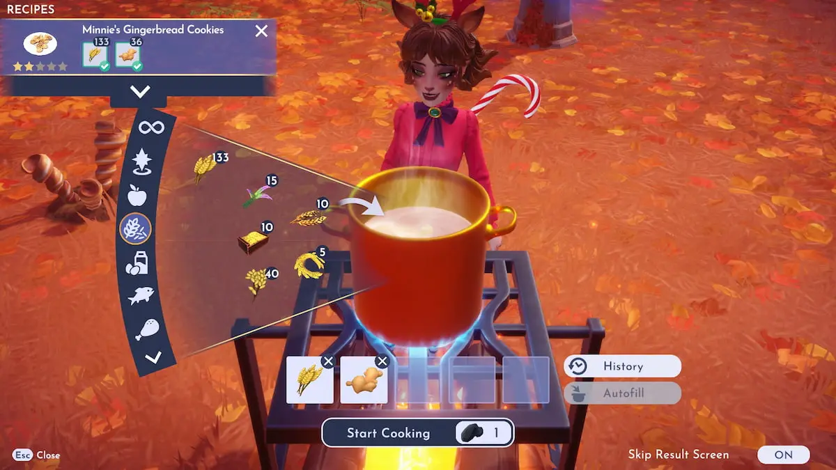 Cooking Minnie's Gingerbread Cookies in a golden pot in Disney Dreamlight Valley.