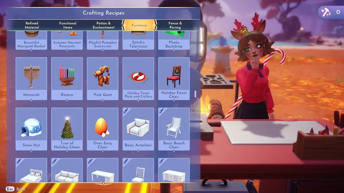 A player with reindeer antlers and ears standing at a crafting station thinking about what to craft with several festive crafting options displayed in Disney Dreamlight Valley.