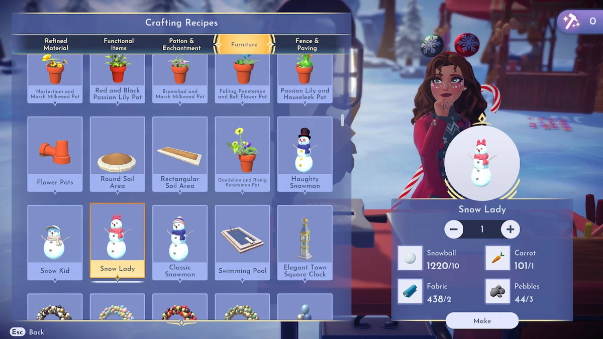 A player standing and thinking about crafting a snowman at a crafting station in Disney Dreamlight Valley.