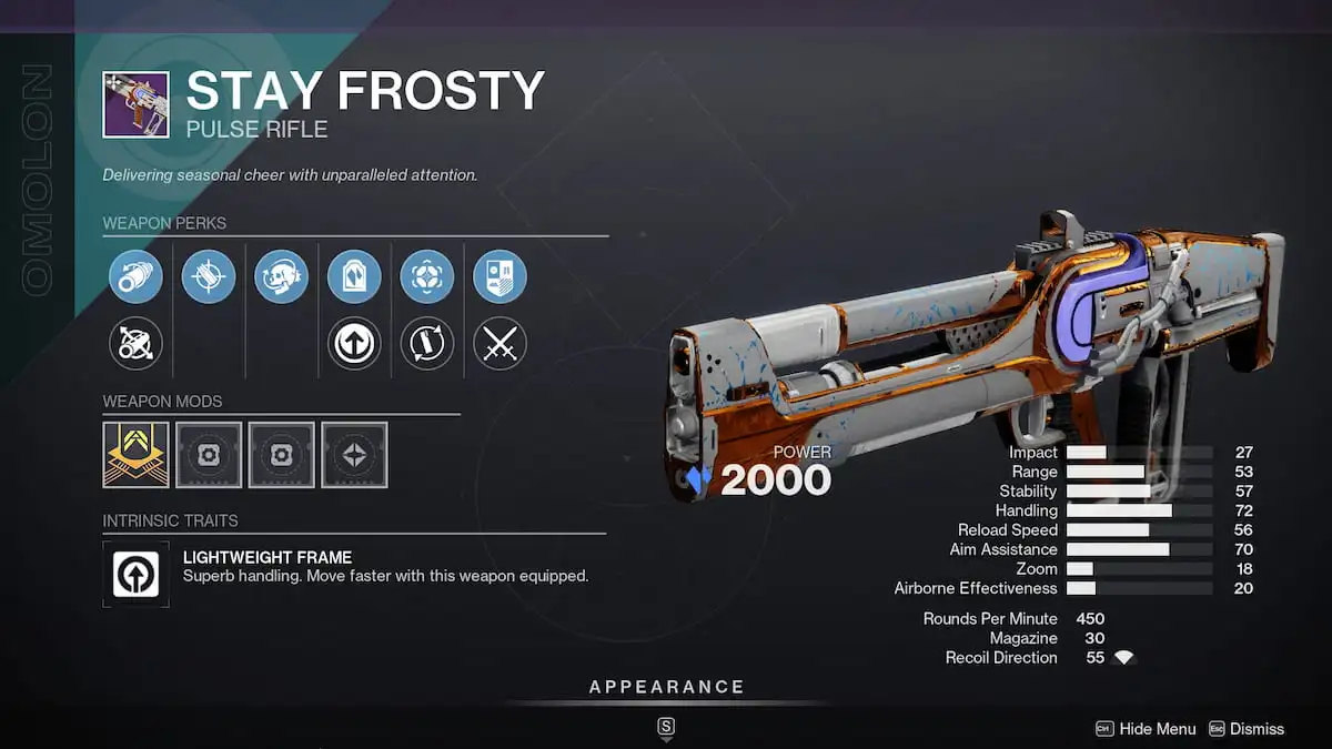 Stay Frosty UI roll in Destiny 2