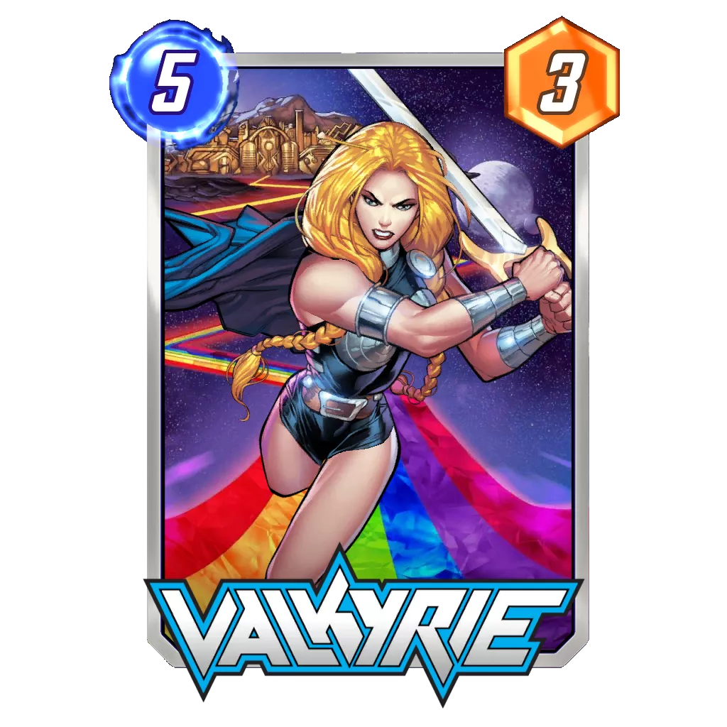 Valkyrie's card in Marvel Snap, costing five energy and boasting three Power.