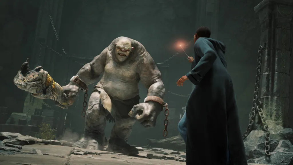 A wizard fighting a troll in the dungeon, a true rite of passage at Hogwarts.