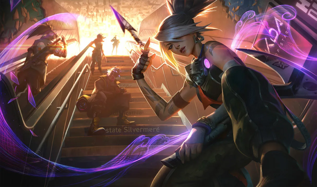 Akali, a champion from League of Legends, prepares to fight on the Rift.