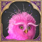 An image of the Fwooper from Hogwarts Legacy, a pink bird with large eyebrows and a small beak.