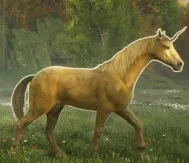 An image of a Shiny Unicorn from Hogwarts Legacy, which has gold fur. 