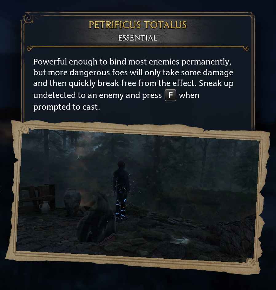 A screenshot from Hogwarts Legacy showing the reader the description of Petrificus Totalus and the proper key needed to use the spell.