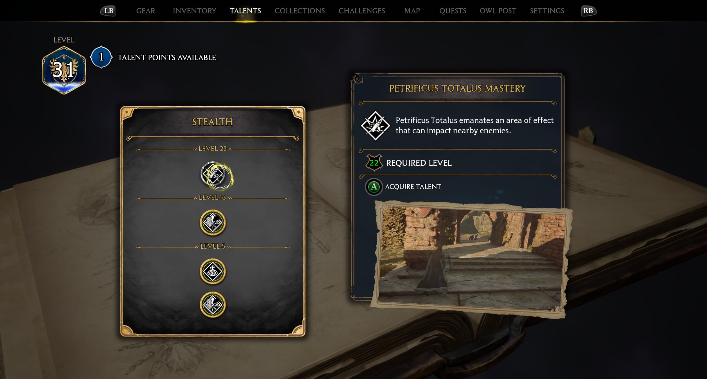 A screenshot from the Hogwarts Legacy Talents screen under the stealth tab. This image shows readers where they can upgrade Petrificus Totalus and what its effects are at the highest upgrade.