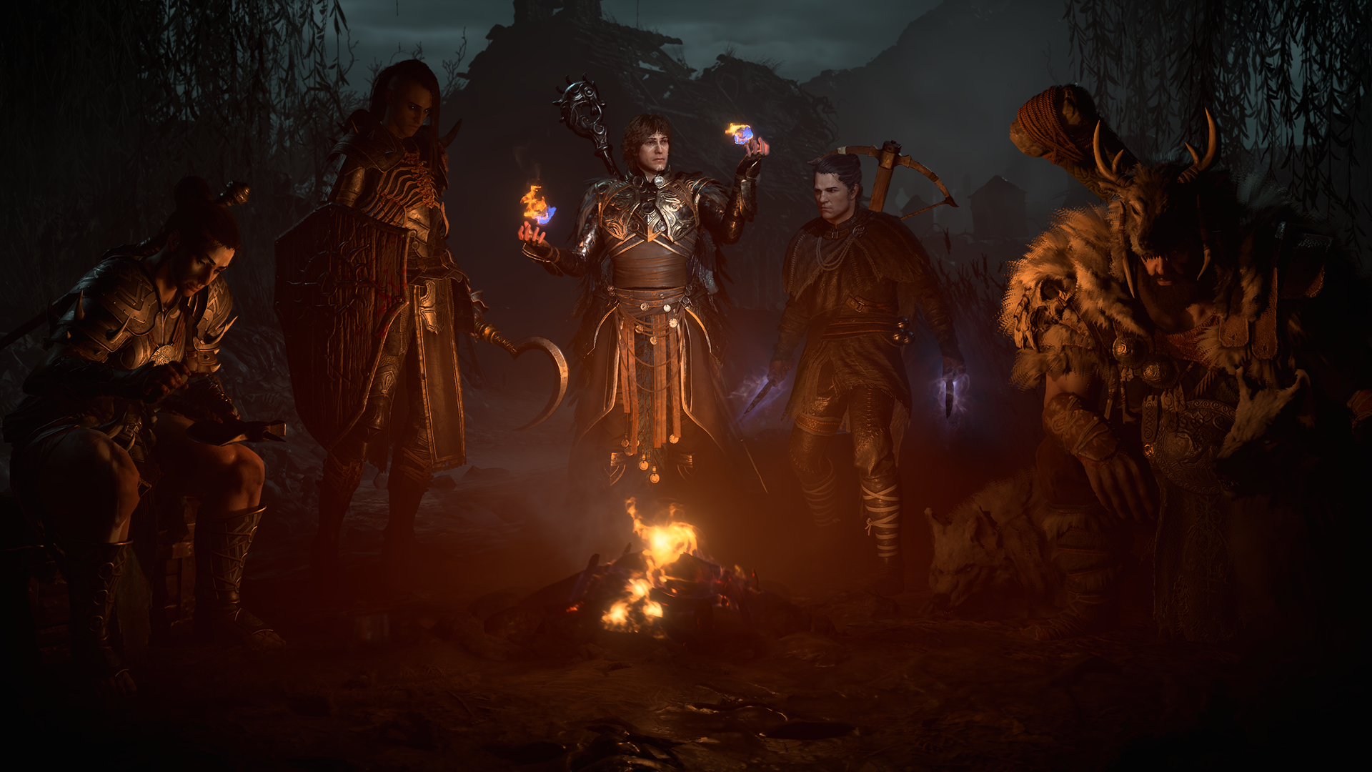 The five Diablo 4 classes standing around a campfire in various poses in Diablo 4.