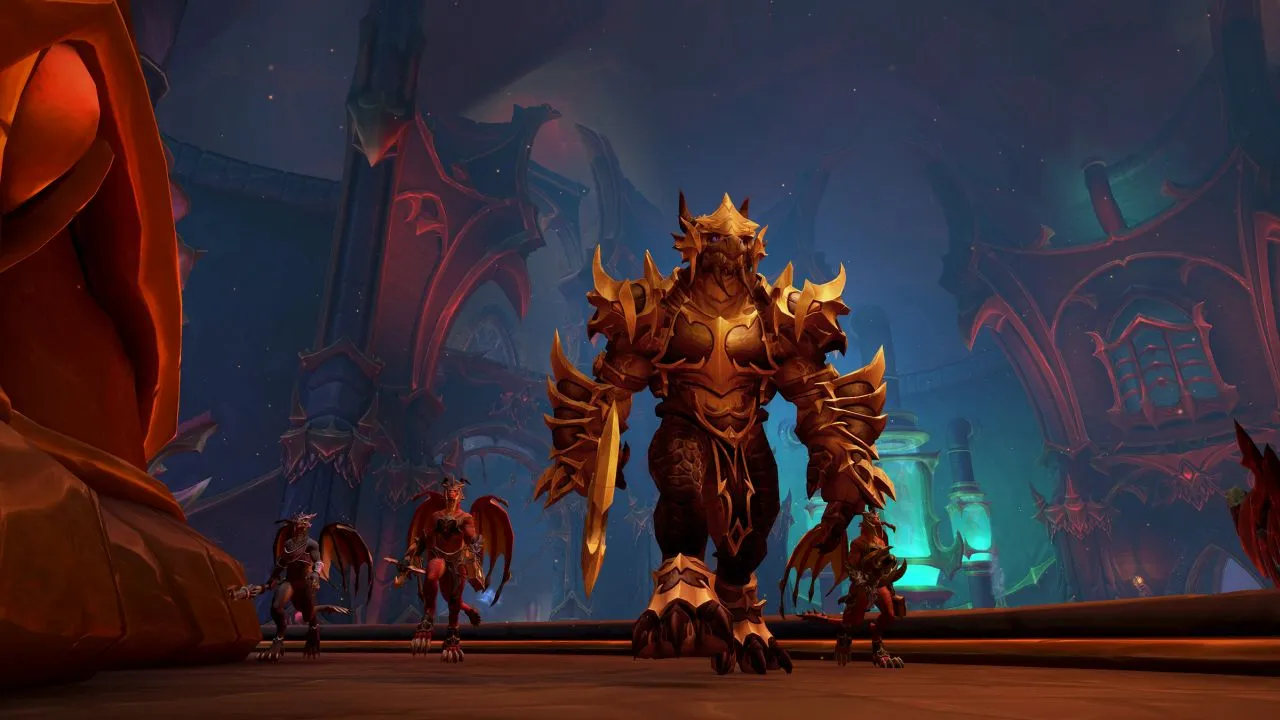 Multiple dragonkin are featured in WoW's newest raid, Aberrus, the Shadowed Crucible. In this image, four dragons walk the halls of the raid's main atrium.