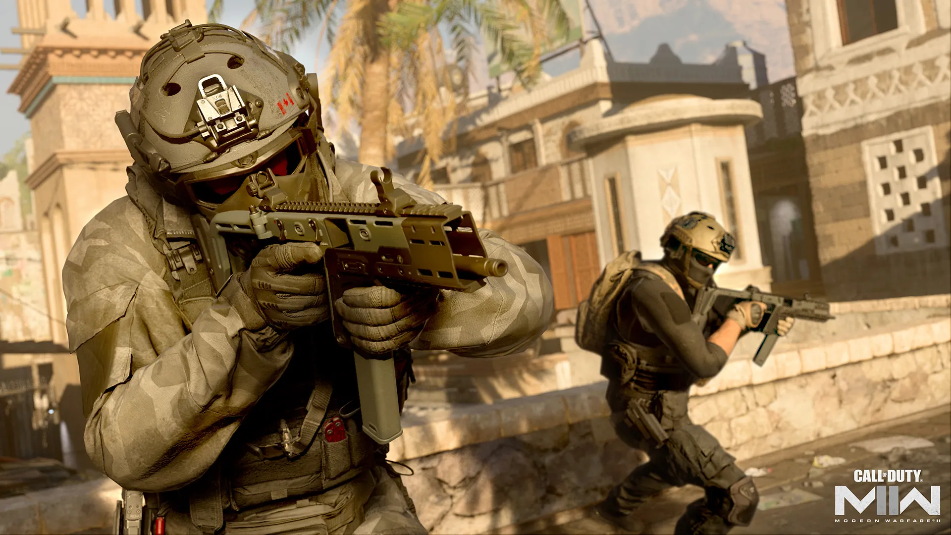 Call of Duty players running with their weapons up, aiming down their sights.