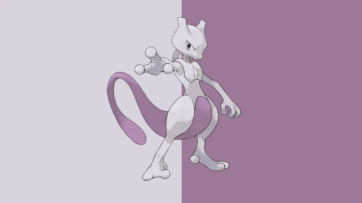 Mewtwo in Pokemon go, an alien-like creature holding its three-fingered hand out toward you.