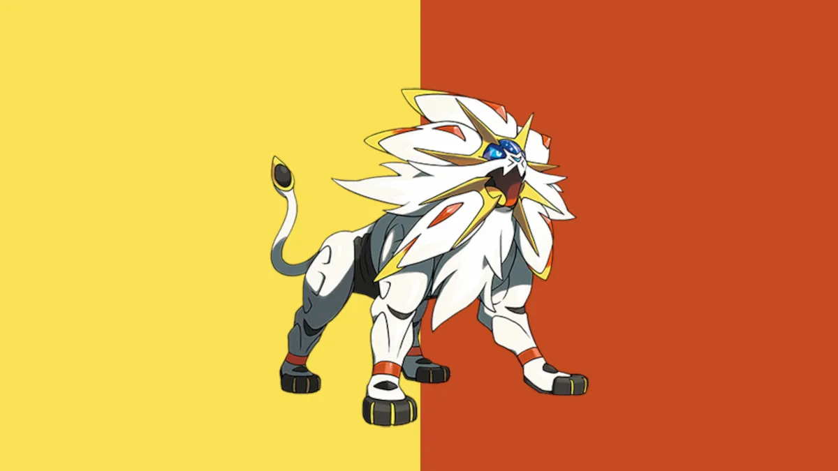 Solgaleo in Pokemon Go, a roraing lion with white and yellow highlights.