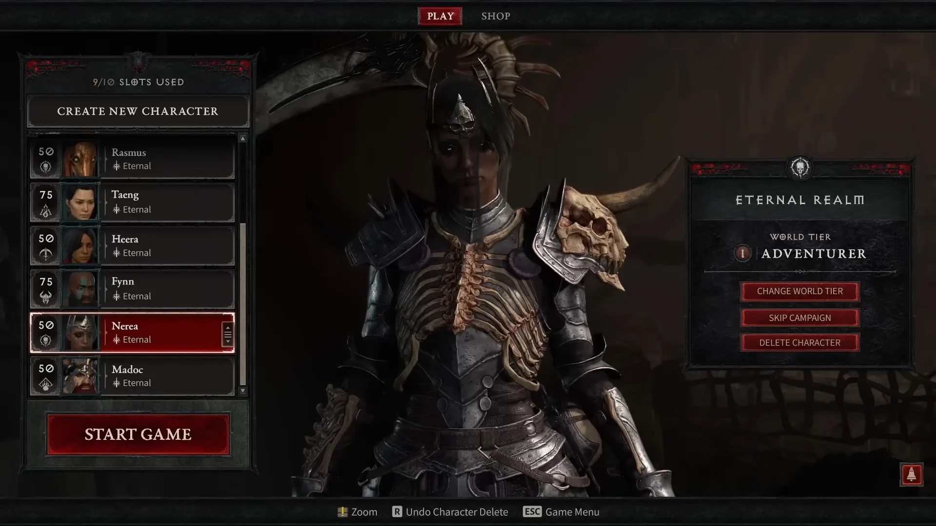 The character selection screen in Diablo 4.