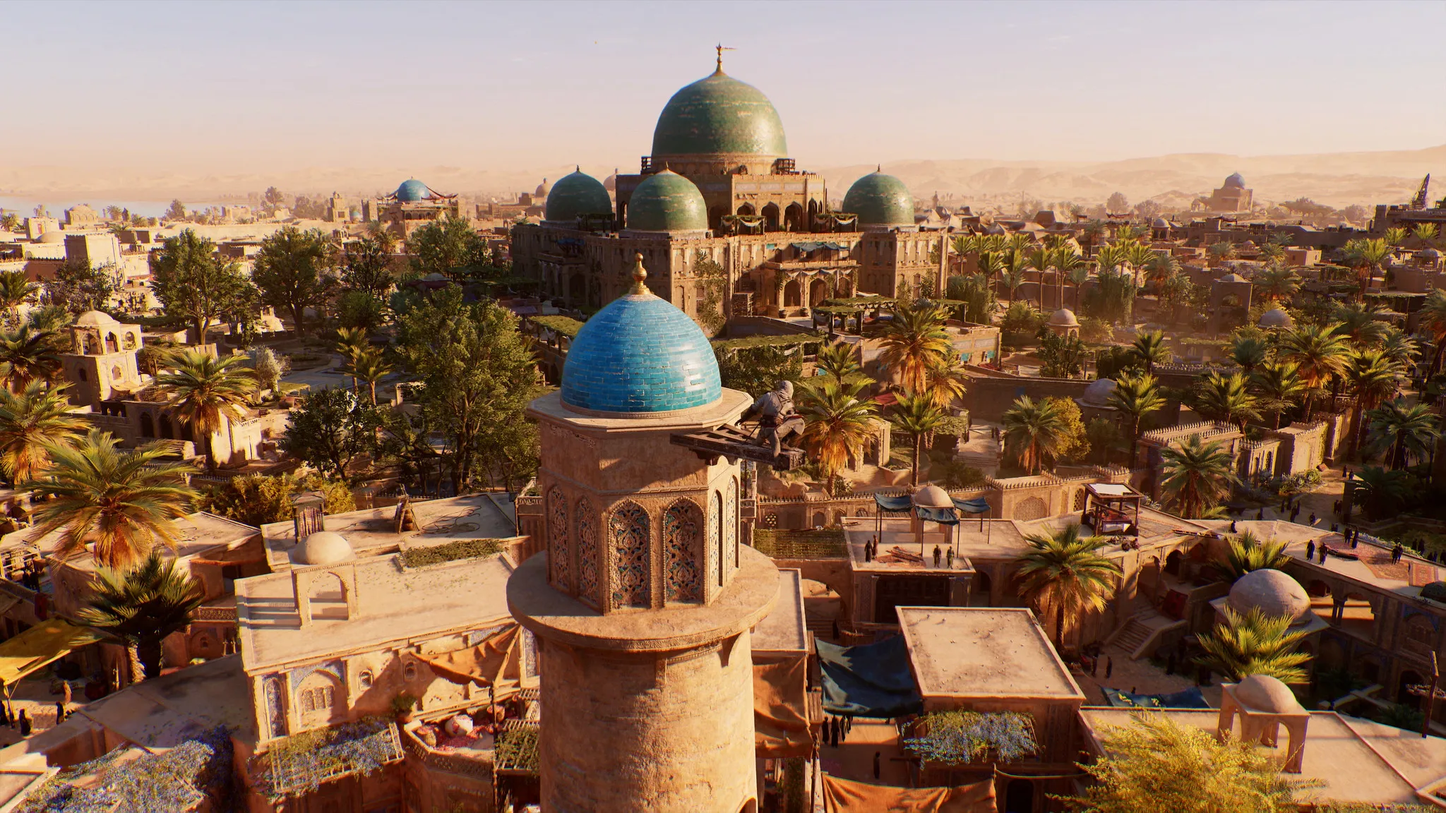 Displays an atmospheric bird's eye view of Baghdad in Assassin's Creed Mirage.