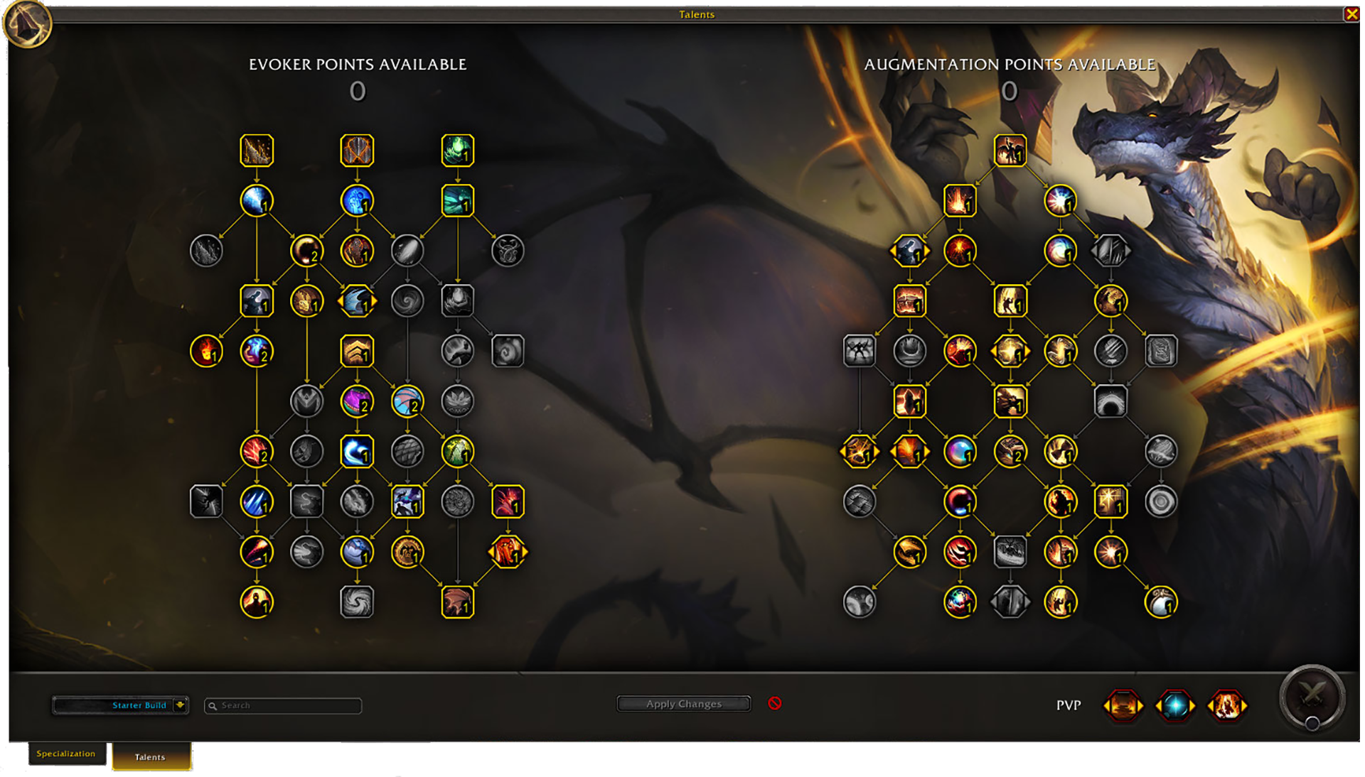 Augmentation Evoker talent trees. One talent tree is the class talent tree and the other one is the specialization talent tree.
