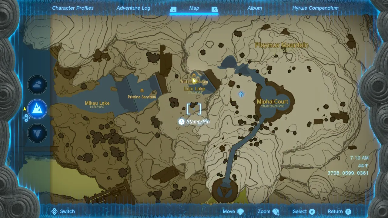 A map of the Zora's Domain showing Link at Lulu Lake. It is west of Mipha Court and east of Mikau Lake.