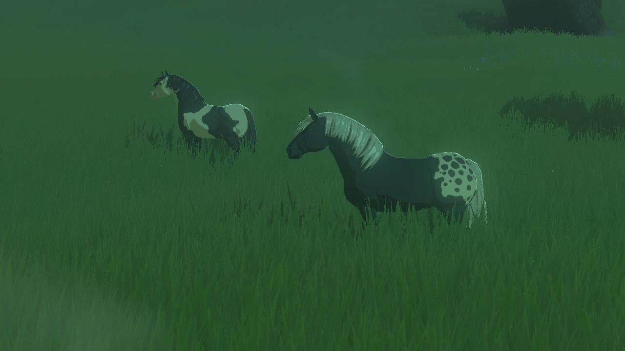 A screenshot from Tears of the Kingdom showing two multicolored horses, a paint and an appaloosa, in an open field.