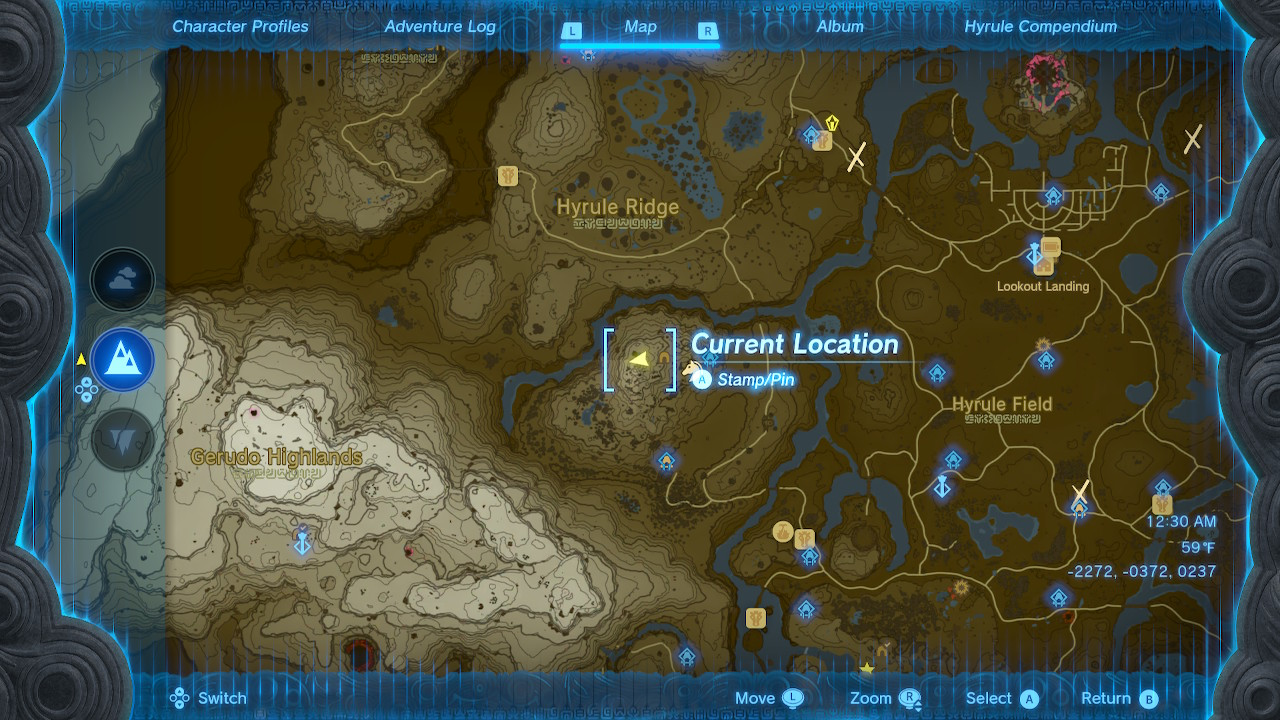 A screenshot of the Hyrule map in Tears of the Kingdom, with Satori Mountain highlighted.