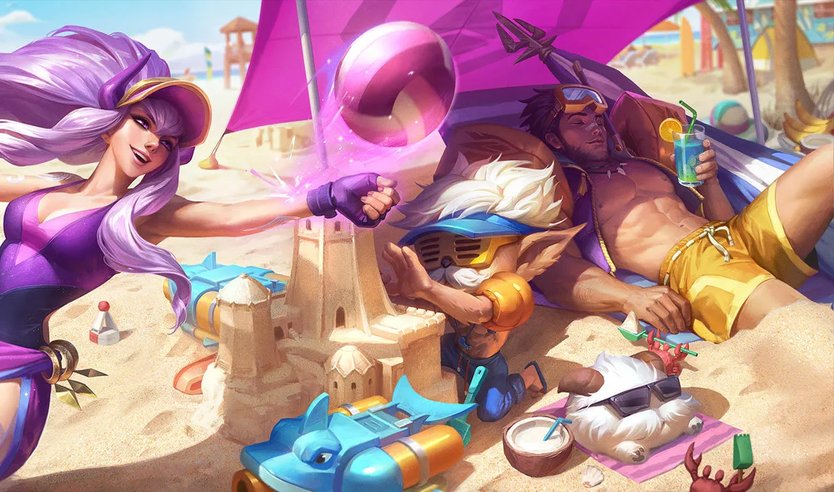 The splash art for Pool Party Syndra, Jarvan IV, and Heimerdinger.