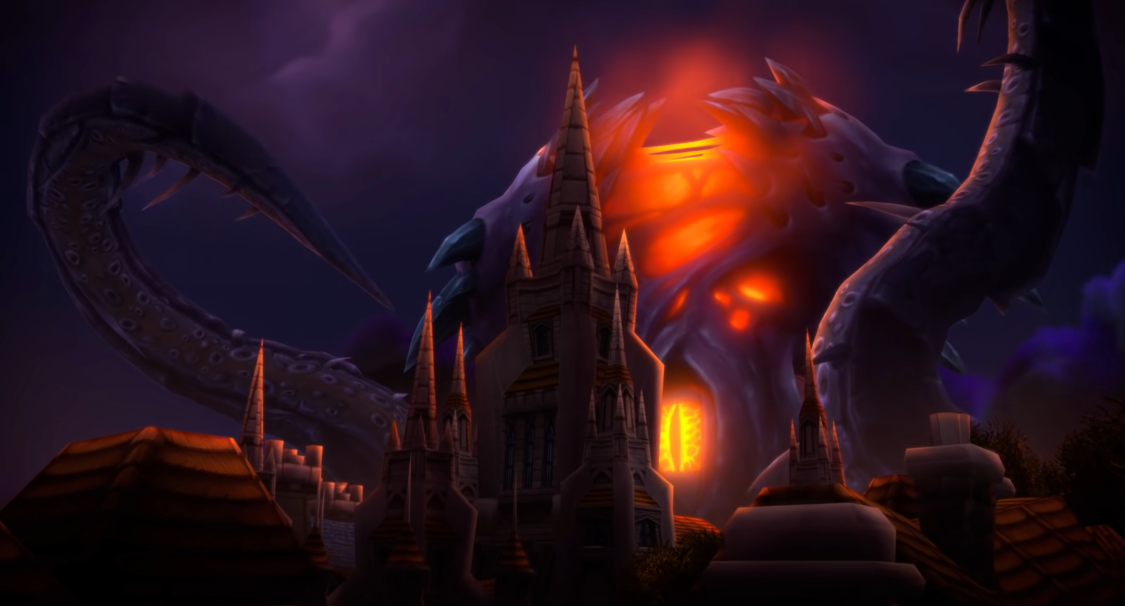 The frightening visage of the Old God N'Zoth lingers over the Cathedral of Light in an alternate version of World of Warcraft's Stormwind City. 