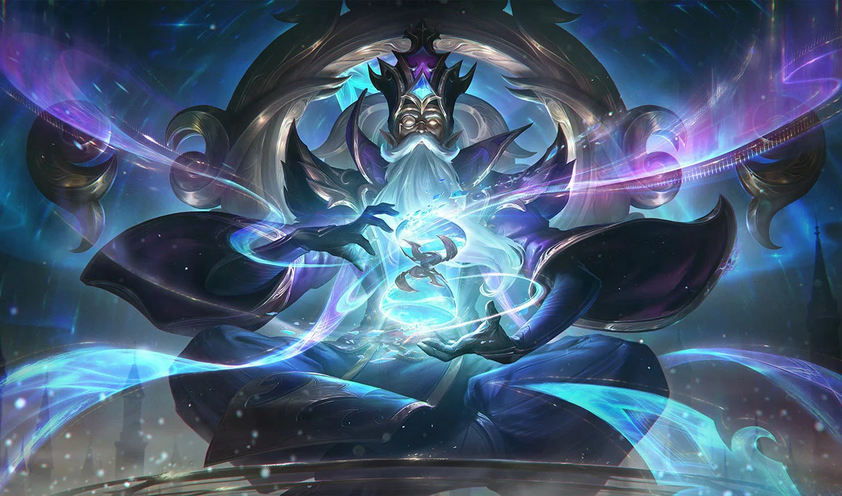 Winterblessed Zilean skin surrounded by purple and blue lights in League of Legends