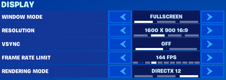 Fortnite's Display settings, with Window Mode set to fullscreen, Resolution set to 16:9, Vsync turned off, Frame Rate Limit at 144 FPS, and Rendering Mode as DirectX 12.