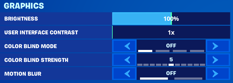 Fortnite's Graphics settings, with Brightness at 100%, User Interface Contrast at 1x, Color Blind Mode set to off, and Motion Blur turned off.