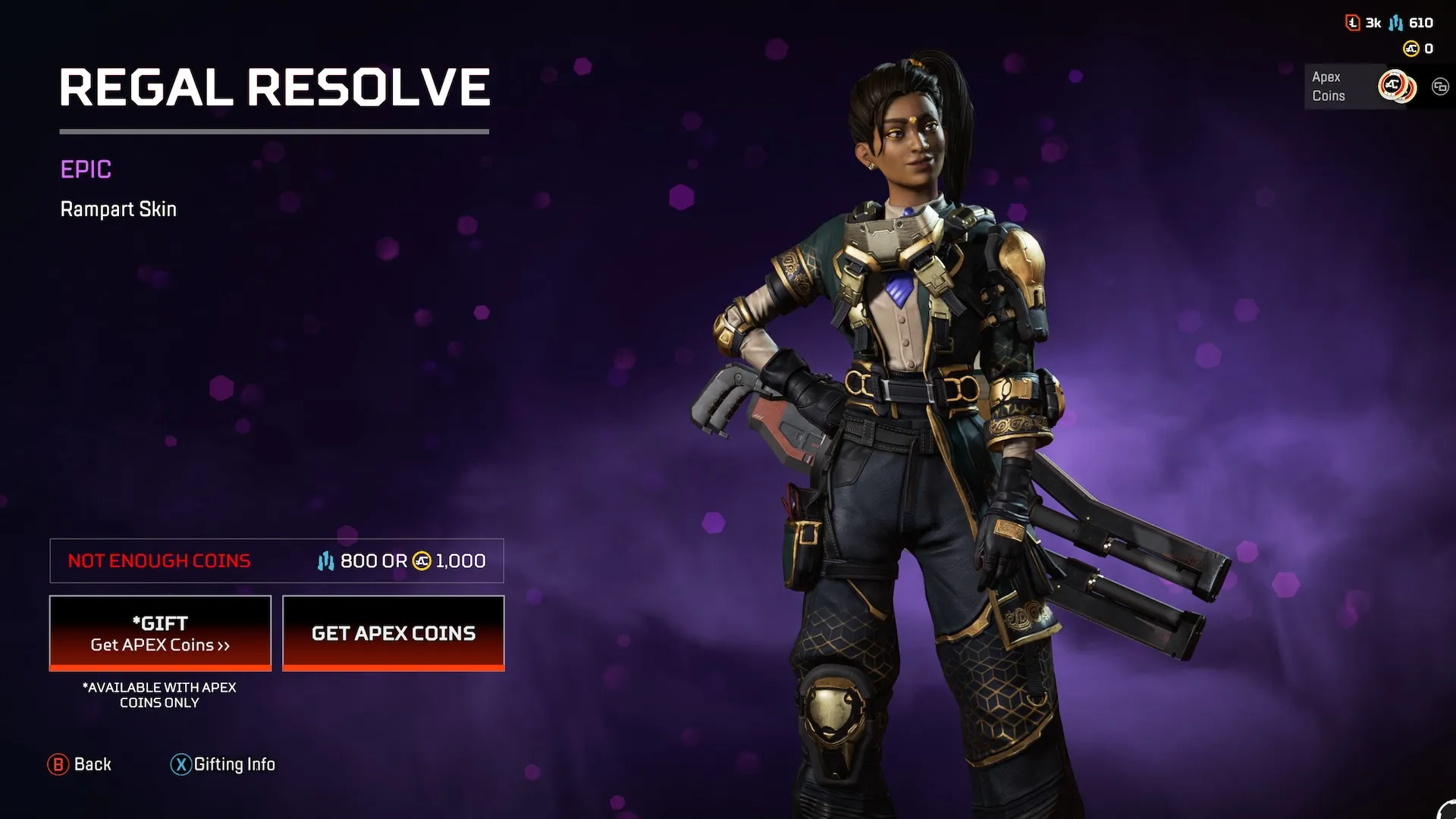 Regal Resolve Rampart skin. The default Rampart skin receives a tie and waistcoat, with some black, gold, and blue highlights.