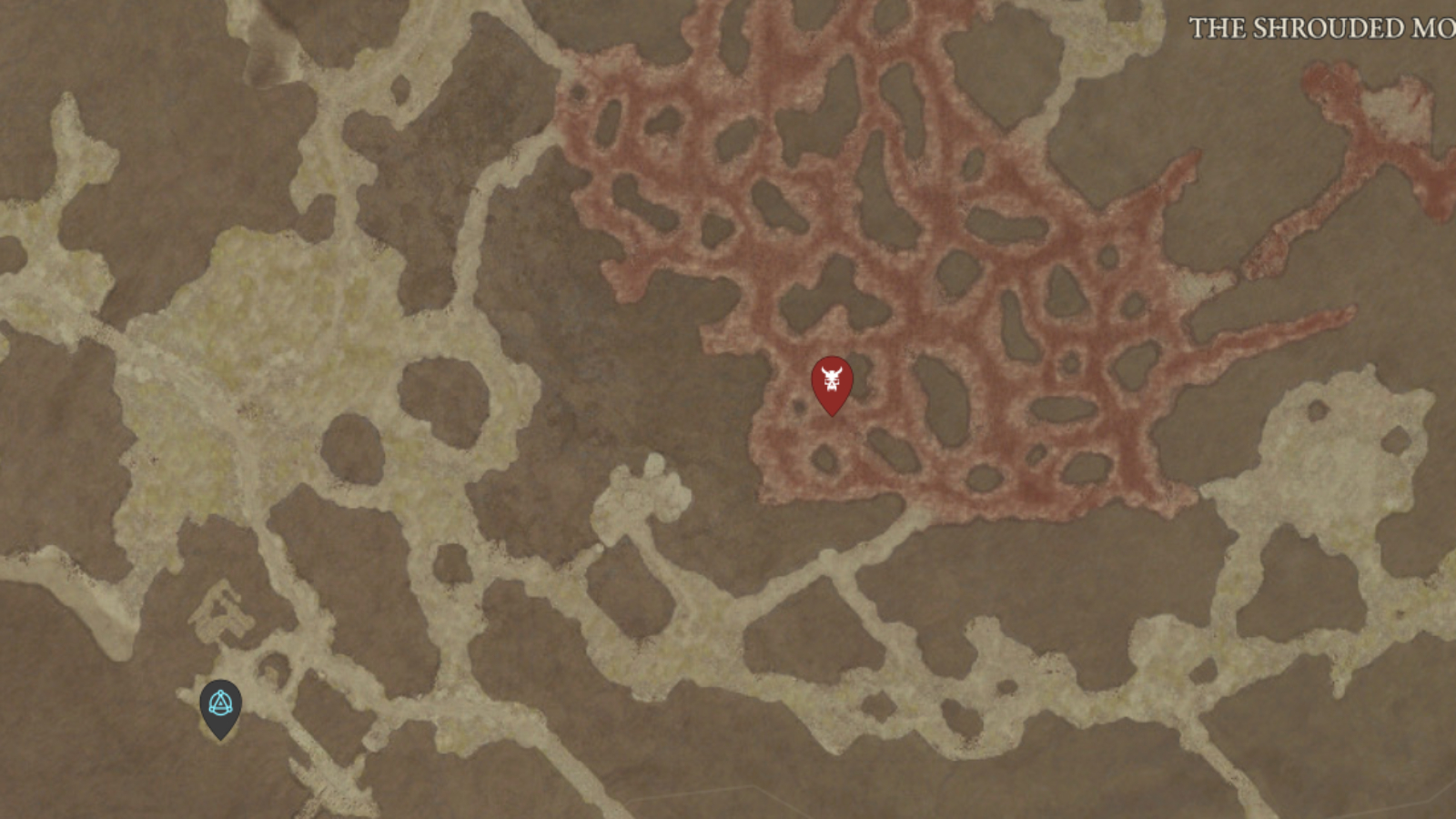 The location of Blind Odwyn shown on the Diablo 4 map, northeast of Timair.