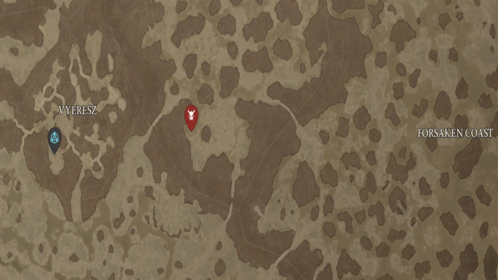 The location of Captain Willcocks shown on the Diablo 4 map, just east of Vyeresz.