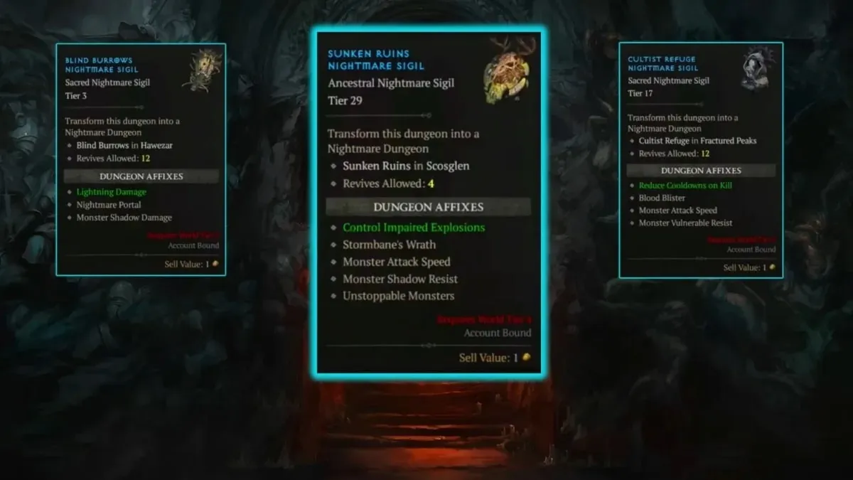 Three Nightmare Sigils and their properties in Diablo 4.