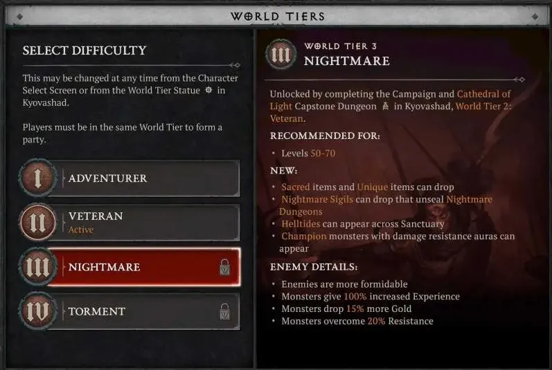 The World Tier selection screen on Diablo 4, highlighting the Nightmare difficulty.