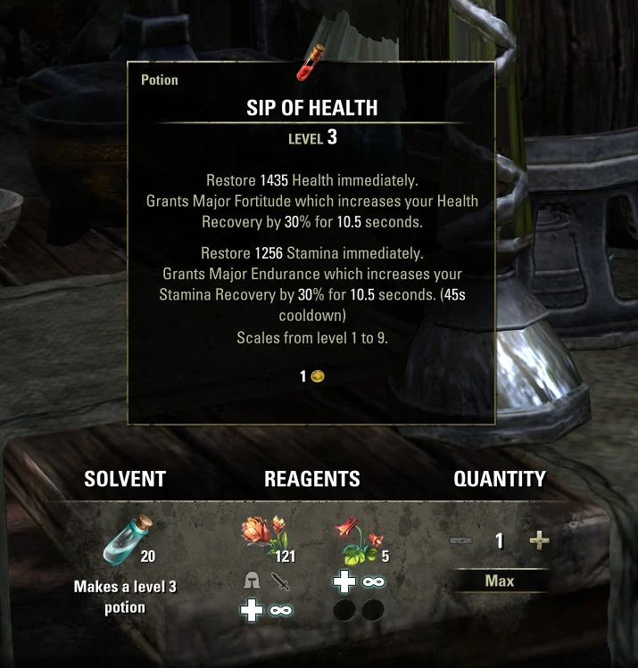 A screenshot from ESO shows players the recipe for a Sip of Health and its effects