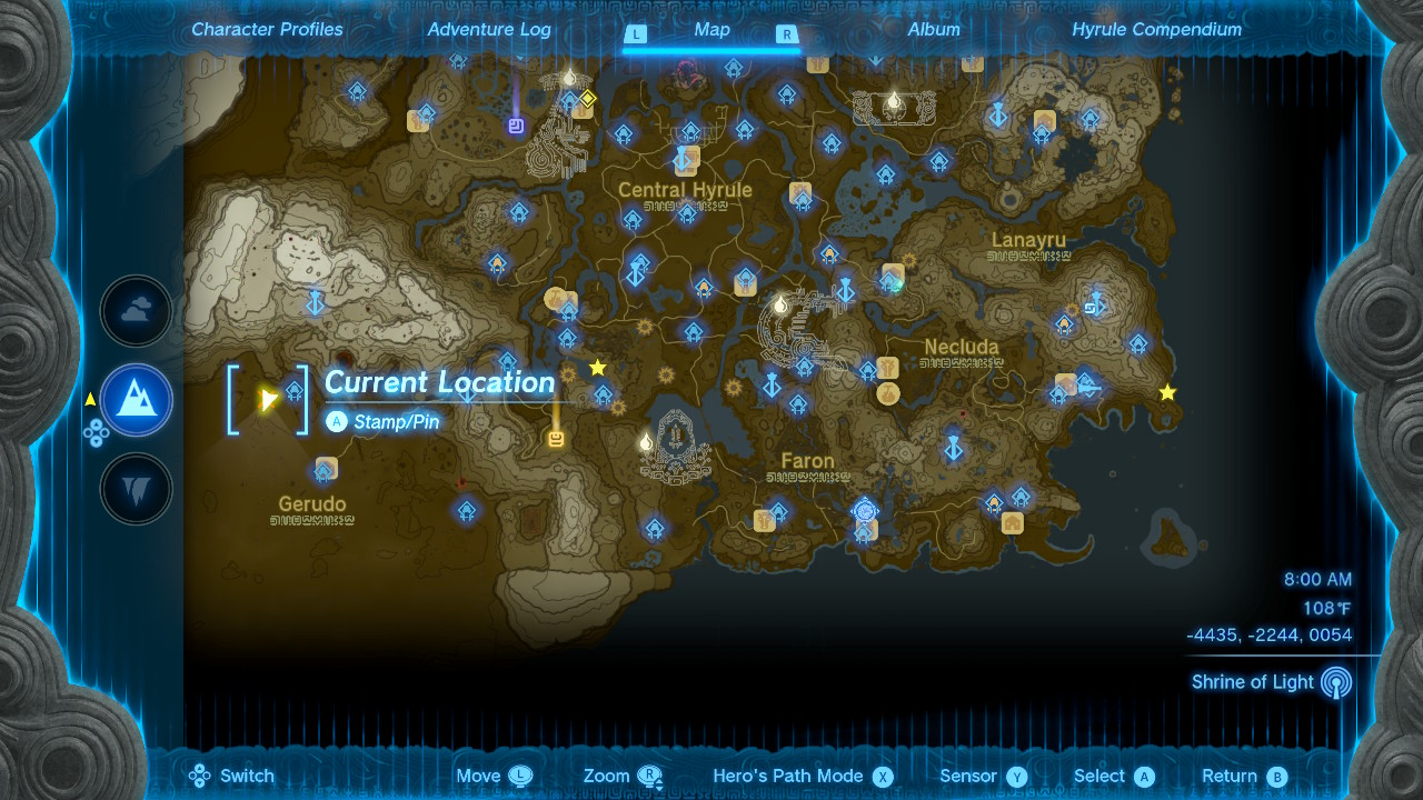 A map of Hyrule showing a location in the Gerudo Desert, in the southwest part of the kingdom.