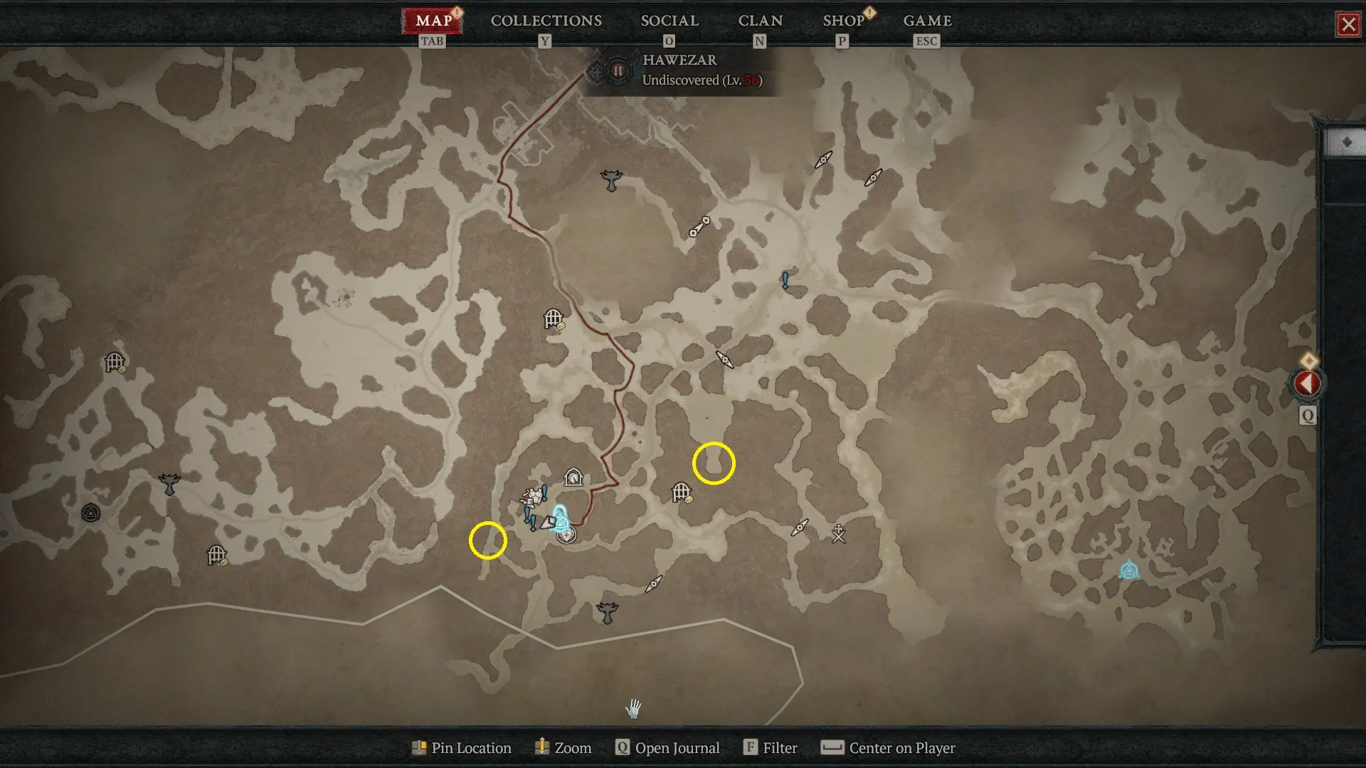 A Diablo 4 map screenshot with yellow circles showing the exact locations of the Hermit's Abode and the Disturbed Grave cellars in Dobrev Taiga.