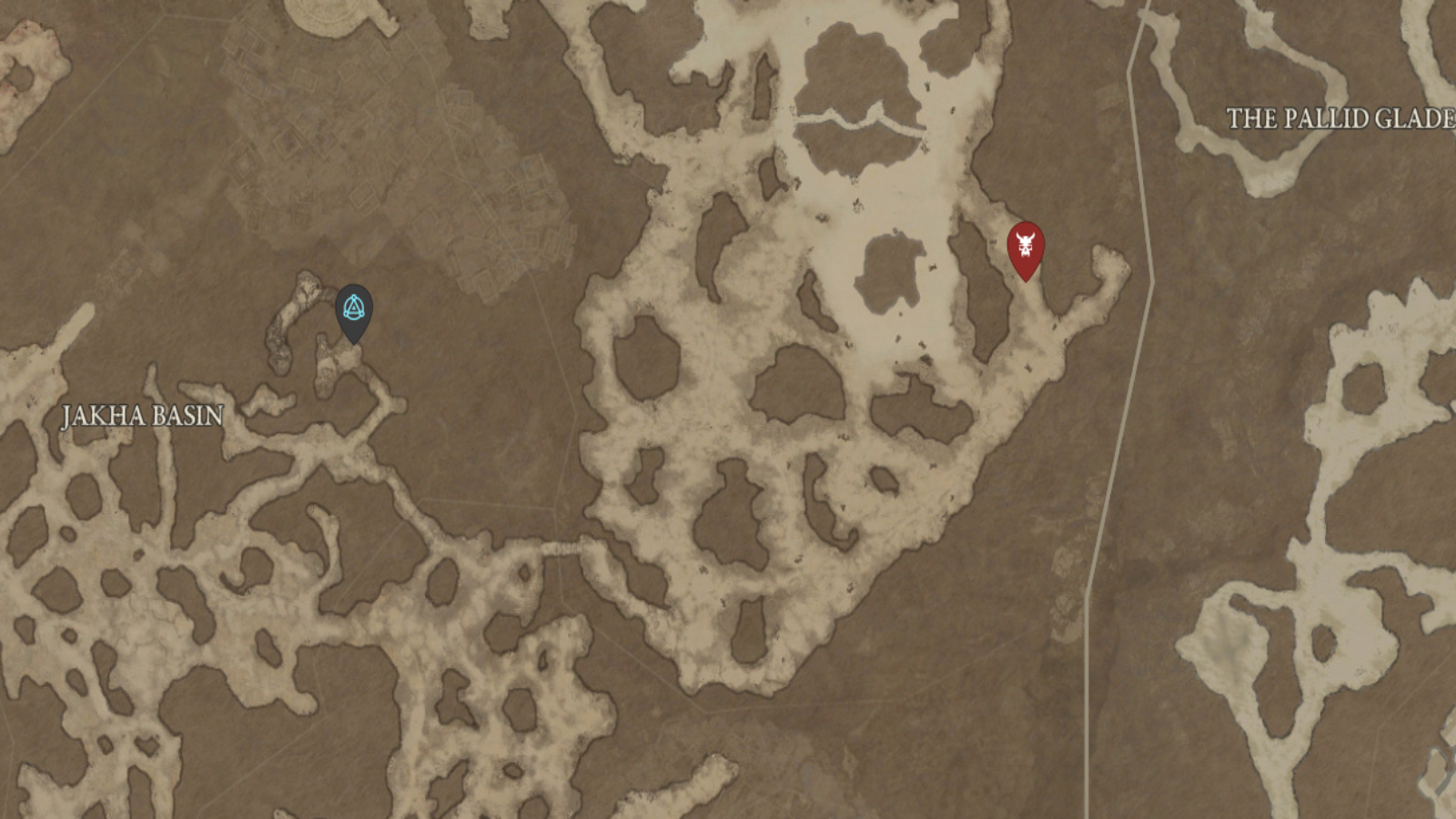 The location of Pitiless Gur shown on the Diablo 4 map, west of the Hidden Overlook.