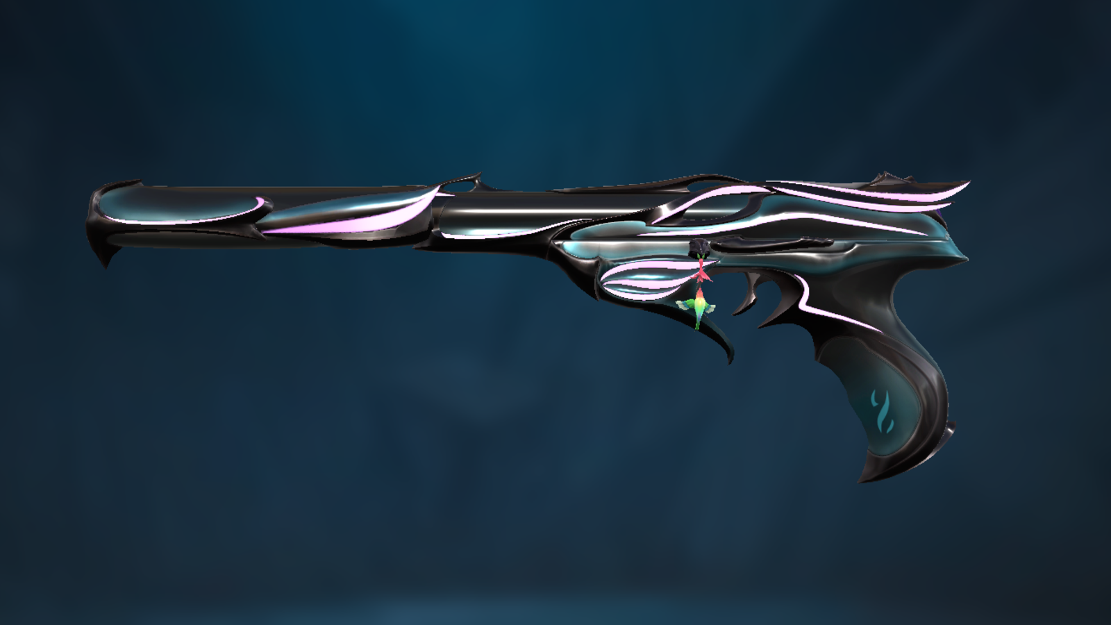 The Sovereign Ghost pistol skin in VALORANT, with sharp edges and a blue-aqua color.