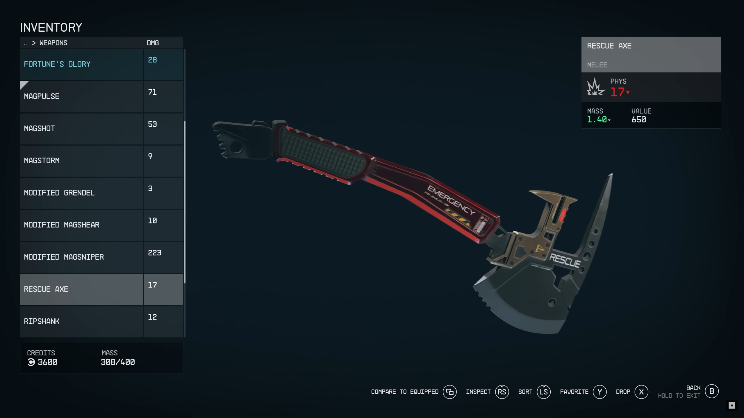 An axe in Starfield's inventory menu.