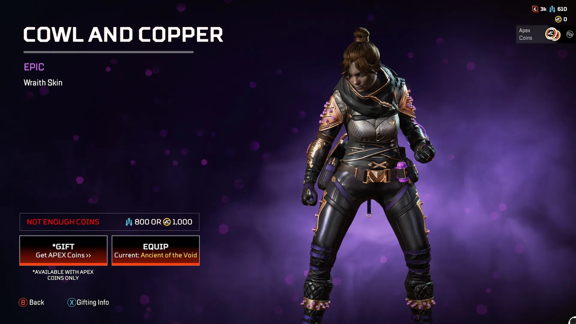 Cowl and Copper Wraith skin. Wraith's normal skin is adorned with copper and purple embellishments.