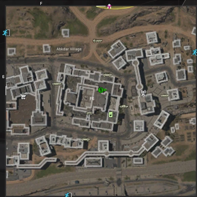 A screenshot of a map of Al Mazrah in DMZ, with a green mark indicating the location of a dead drop.