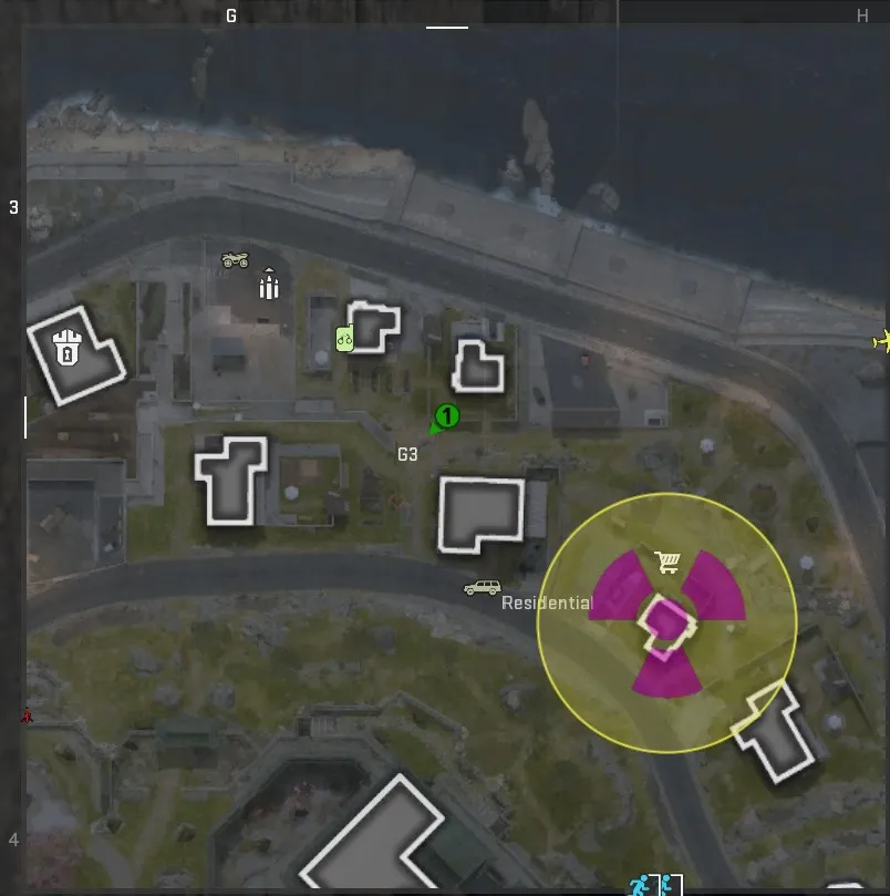 A screenshot of a map of Ashika Island in DMZ, with a green mark indicating the location of a dead drop.