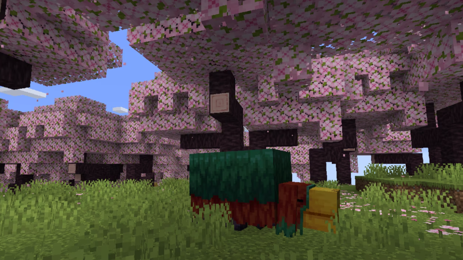 A Sniffer sitting underneath a cherry blossom tree in a cherry blossom grove biome. 