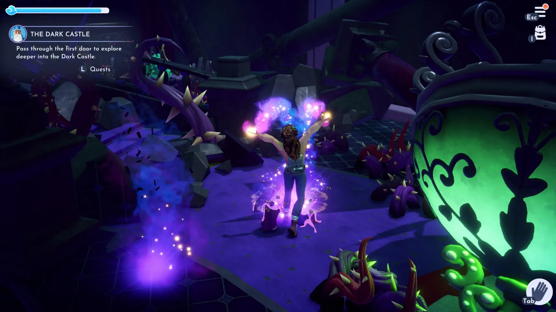 The player using their magic to clear Night Thorns. 